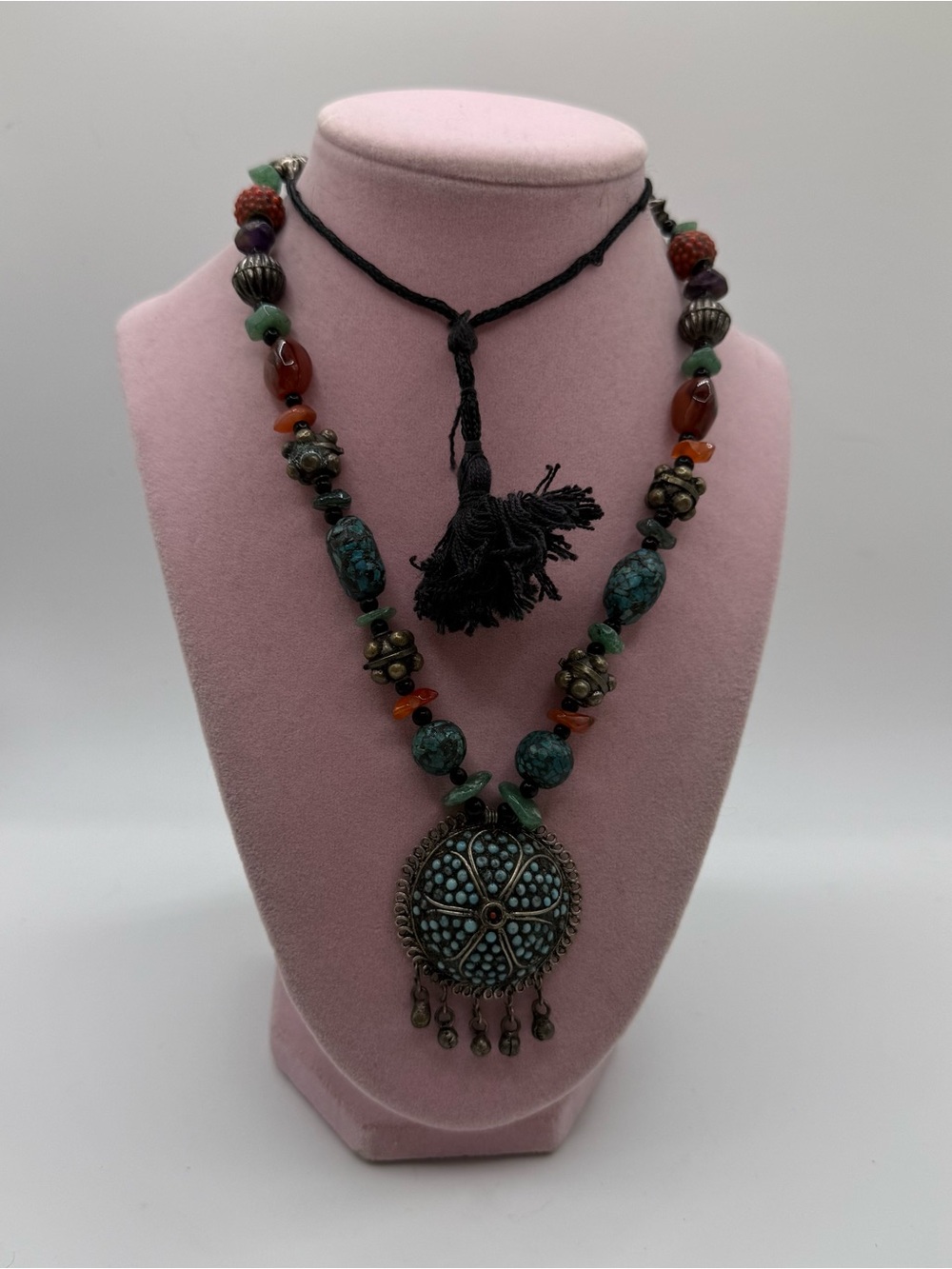 Bohemian Indian Turquoise and red coral Beaded Pendant Necklace